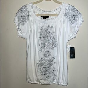 New INC Embroidered Sequined Short Sleeve Top